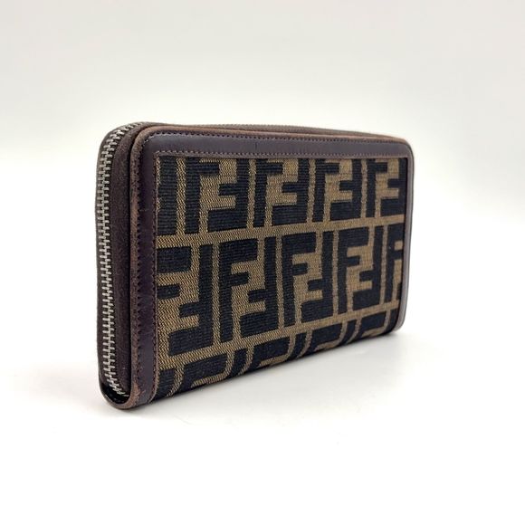 Fendi Zucca Pattern Round Zipper Canvas Brown Long Wallet Silver - Picture 2 of 15
